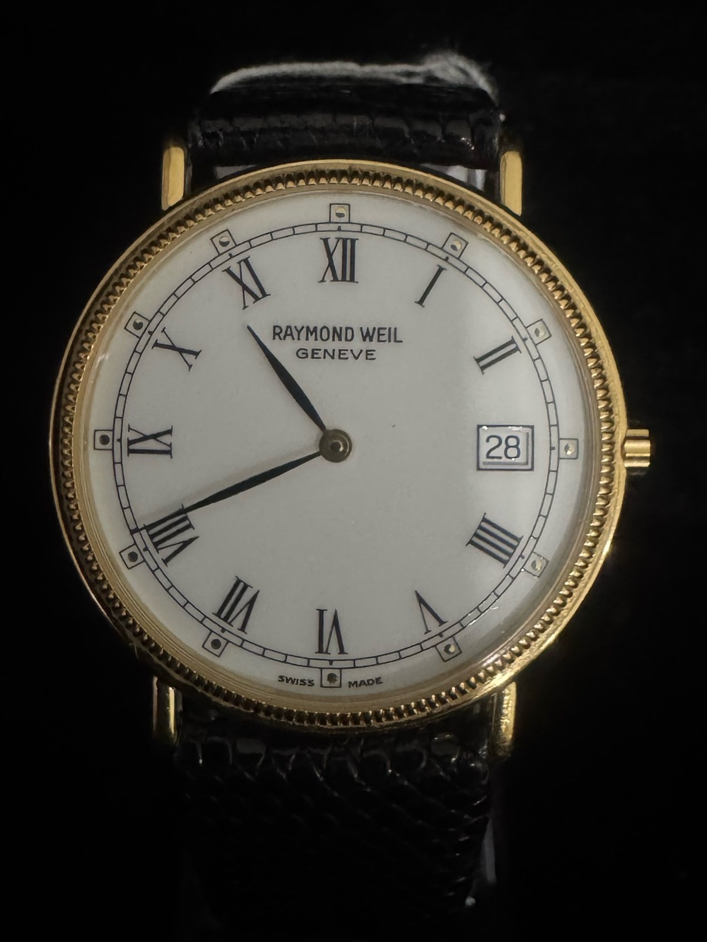 Raymond Weil Gold Case White Dial Watch with Black Leather Strap